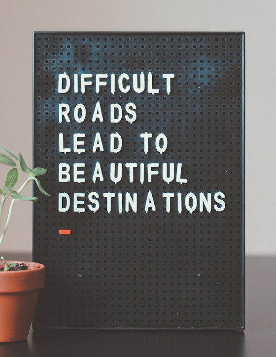 Difficult Roads quote on a black background next to a plant