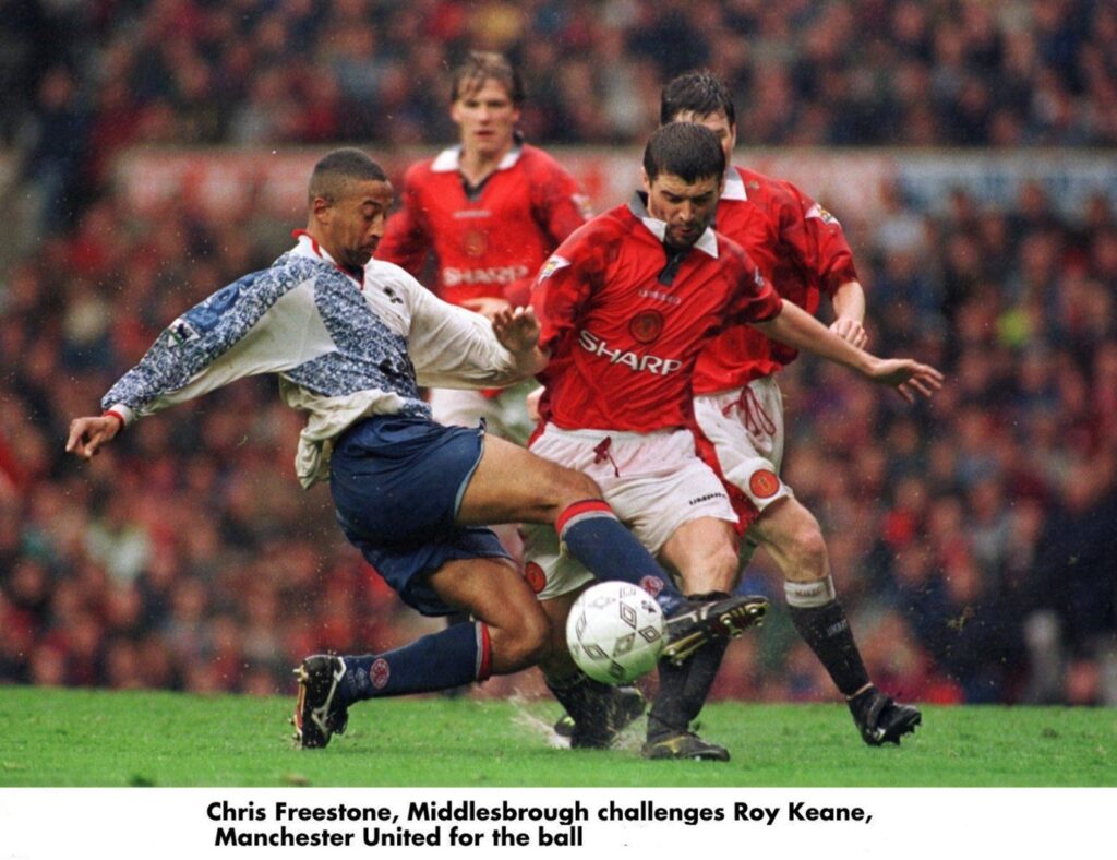 Chris Freestone tackling Roy Keane whilst playing for Middlesbrough